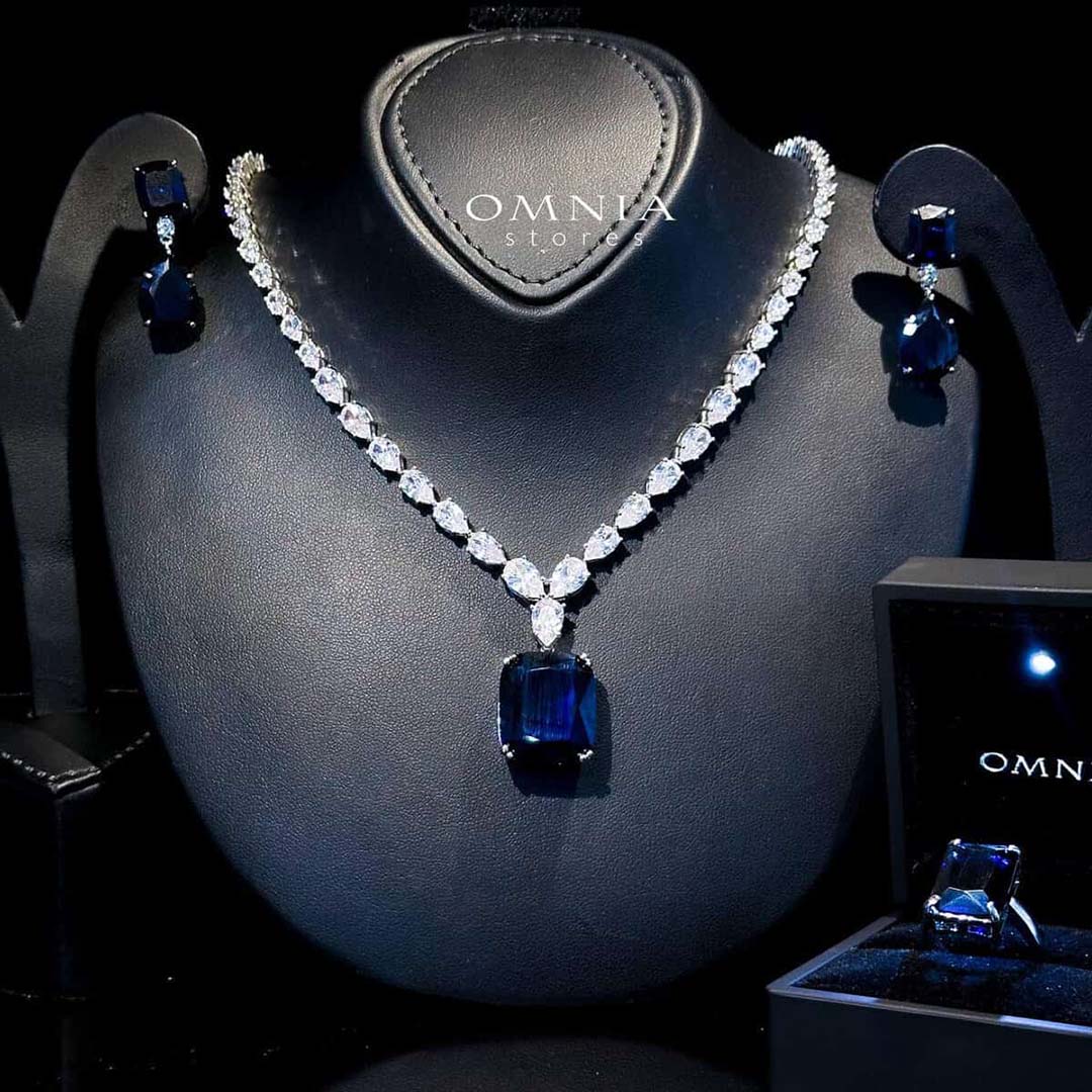 Omnia Audrey Blue Luxury Bridal Full Set in High Quality Simulated Diamonds with Cushion Cut Stones, Rhodium Plated - OMNIASTORES KSA