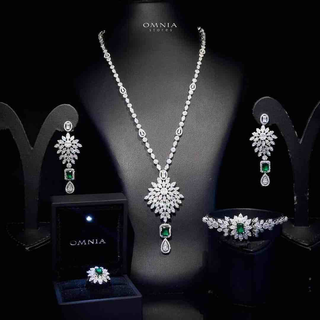 Omnia Duha Green Long chain Full Accessories in High Quality Zircon Stone Rhodium Plated