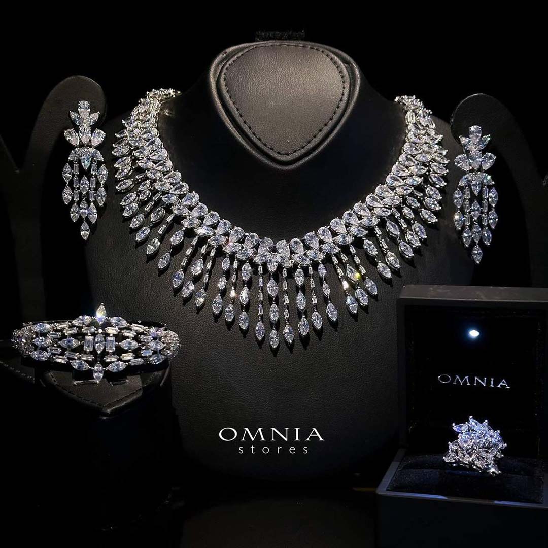 Omnia Soheila White Luxury Bridal Full Set with Emerald and Pear-Cut High-Quality Simulated Diamonds Rhodium Plated - OMNIASTORES KSA