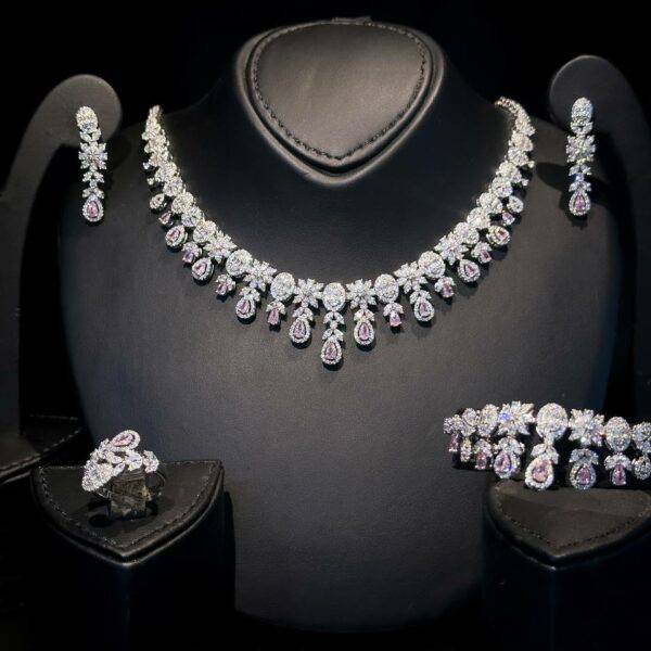 Omnia Trisha Pink Full set Accessories in High Quality Zircon Stone in Rhodium Plated - OMNIASTORES UAE