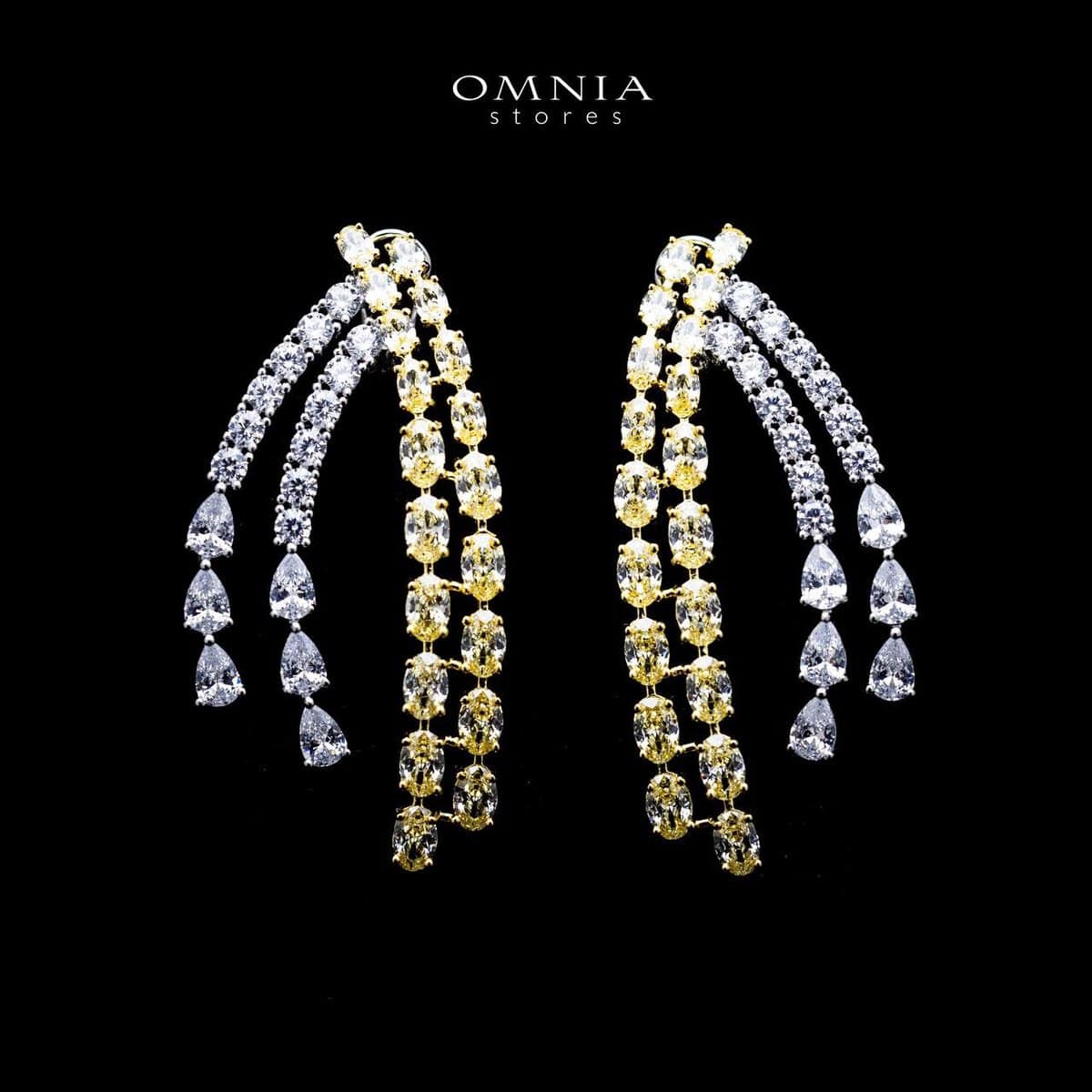 Elegant two-tone drop silver earrings for women with simulated diamonds
