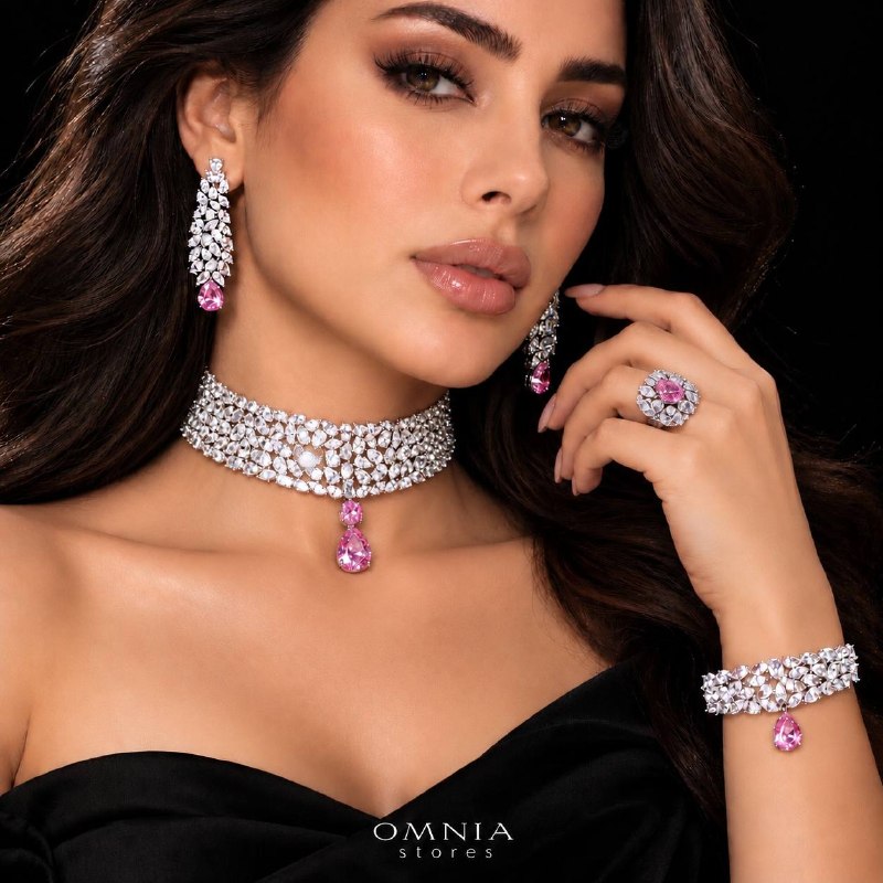 Omnia Nuray Pink Luxury Bridal Full Set Accessories in High Quality Zircon Stone Premium Rhodium Plated on model