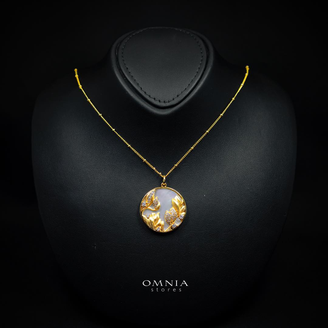Omnia Aurelia White Shell Mother of Pearl Round Pendant Necklace with Floral Zircon Accents in Brass with Gold Plated Finish - OMNIASTORES KSA