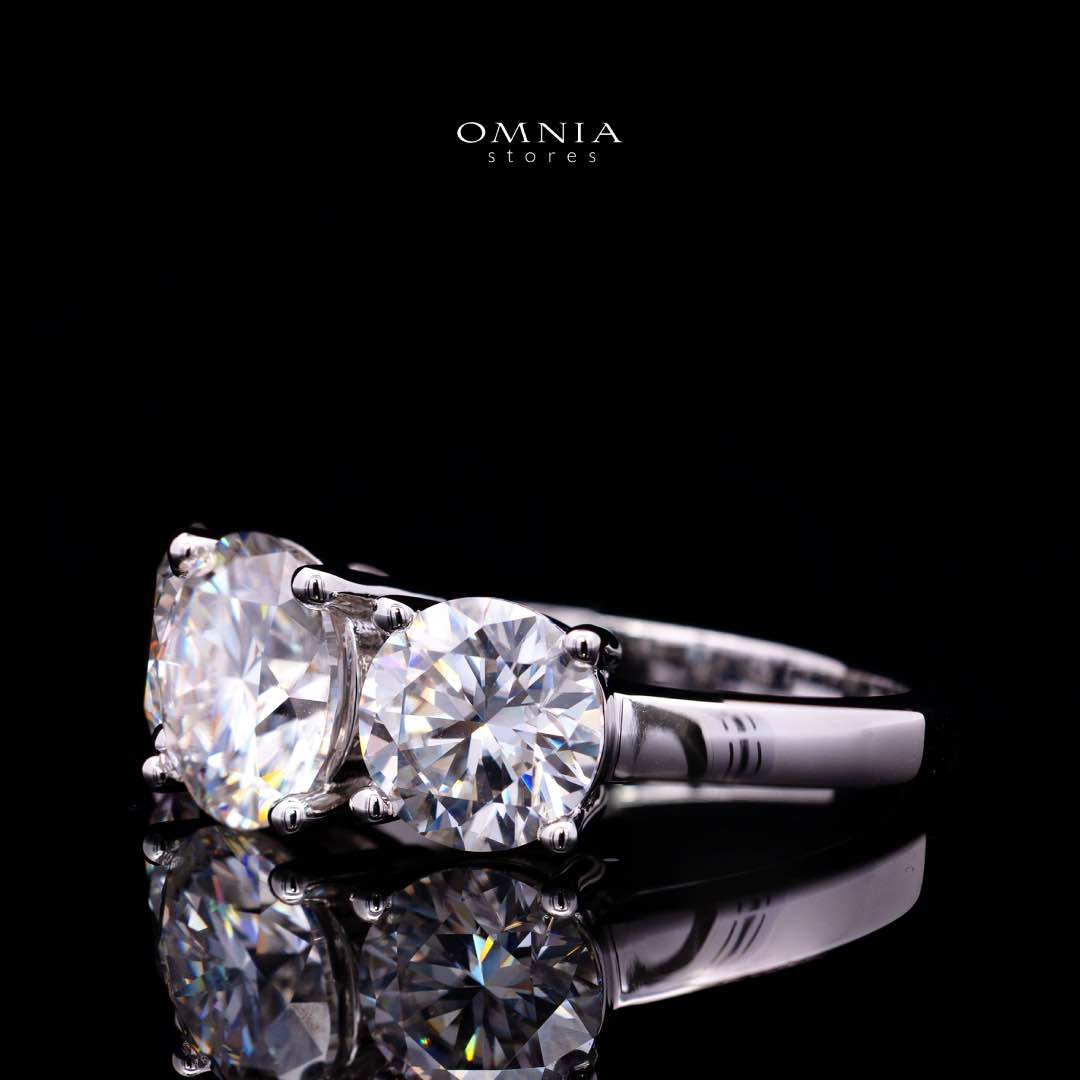 Savannah White Moissanite Three-Stone Ring – RD 8mm (2ct) Center with RD 6.5mm (1ct) Side Stones, Rhodium-Plated 925 Sterling Silver