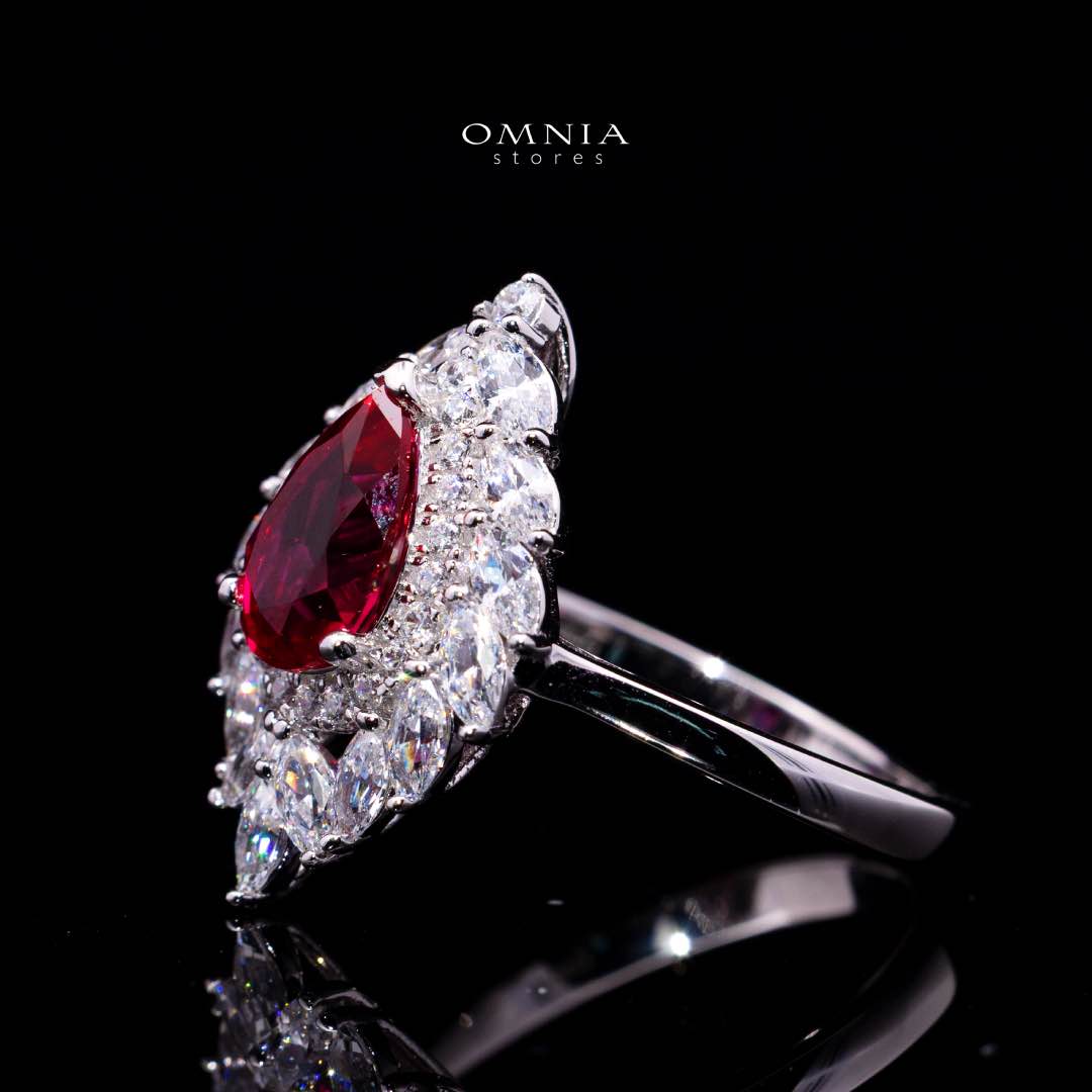 Carolina Lab-Grown Red Ruby Pear-Cut Ring (6x9mm) with GRC Certificate in 925 Sterling Silver