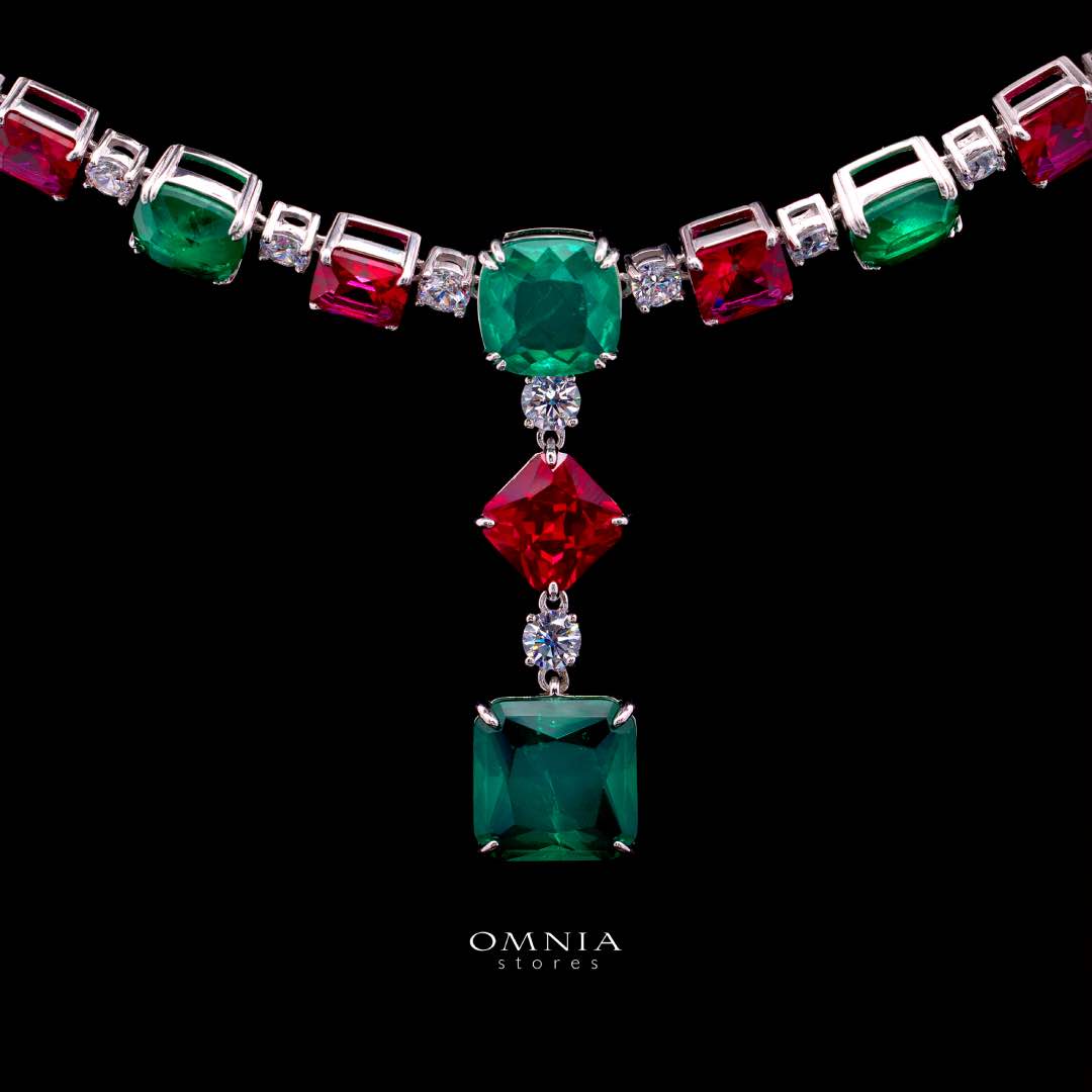 Omnia Salwa Red and Green Necklace With High Quality Simulated Diamonds In 925 Silver - OMNIASTORES KSA