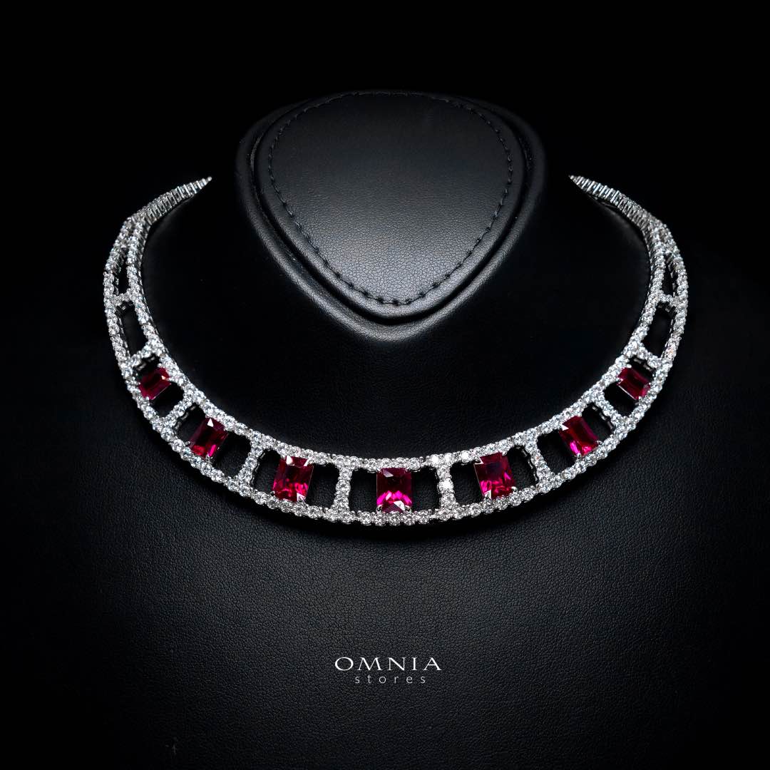 Omnia Alessandra Red Necklace in 925 Silver with Emerald-Cut High-Quality Simulated Diamonds - OMNIASTORES KSA