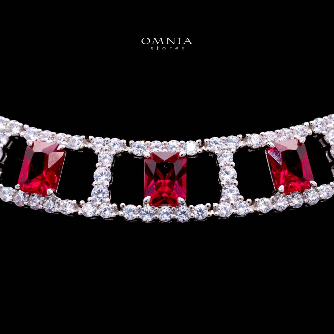 Omnia Alessandra Red Necklace in 925 Silver with Emerald-Cut High-Quality Simulated Diamonds - OMNIASTORES KSA