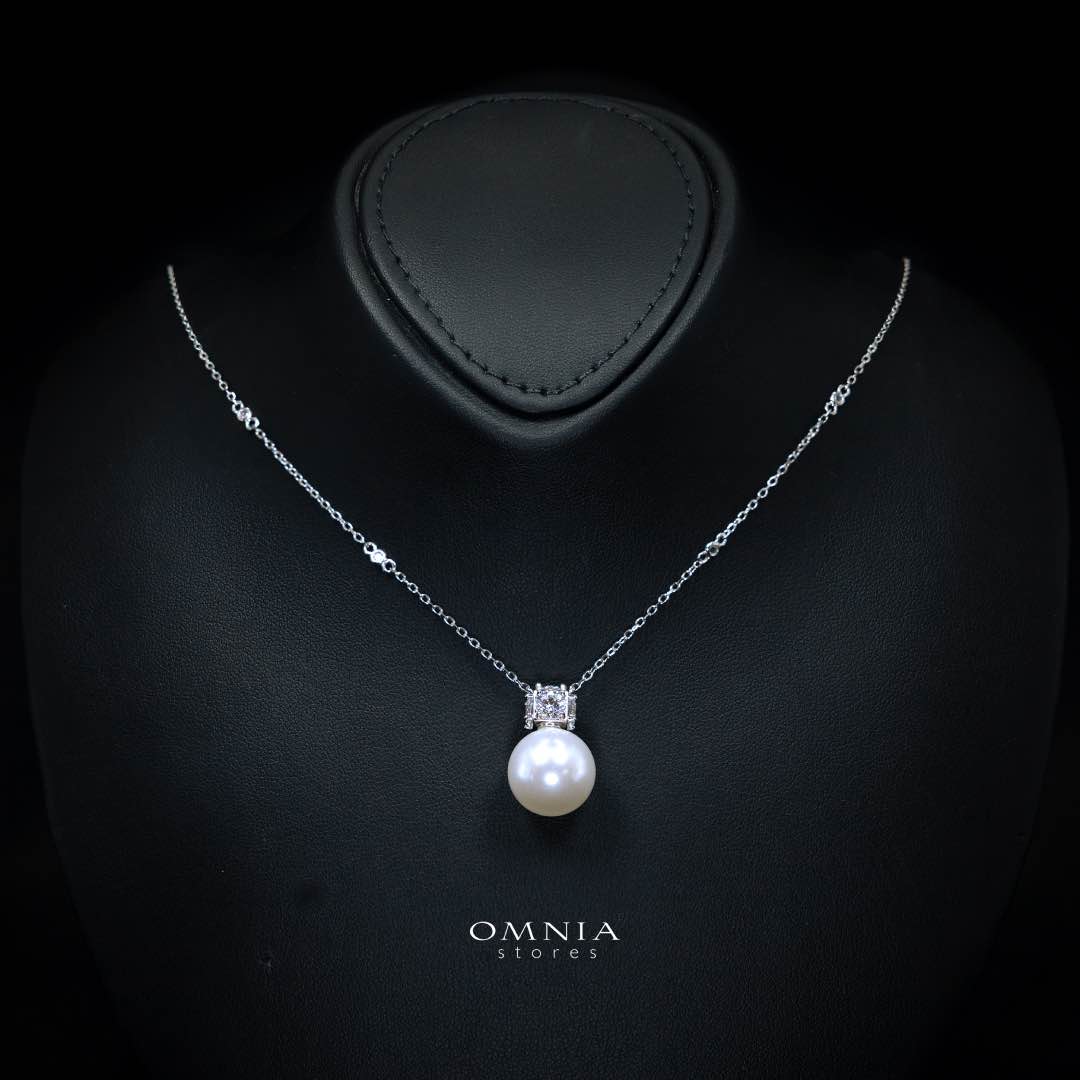 Omnia Belle White Pearl Necklace In 925 Silver High Quality Simulated Diamonds - OMNIASTORES KSA