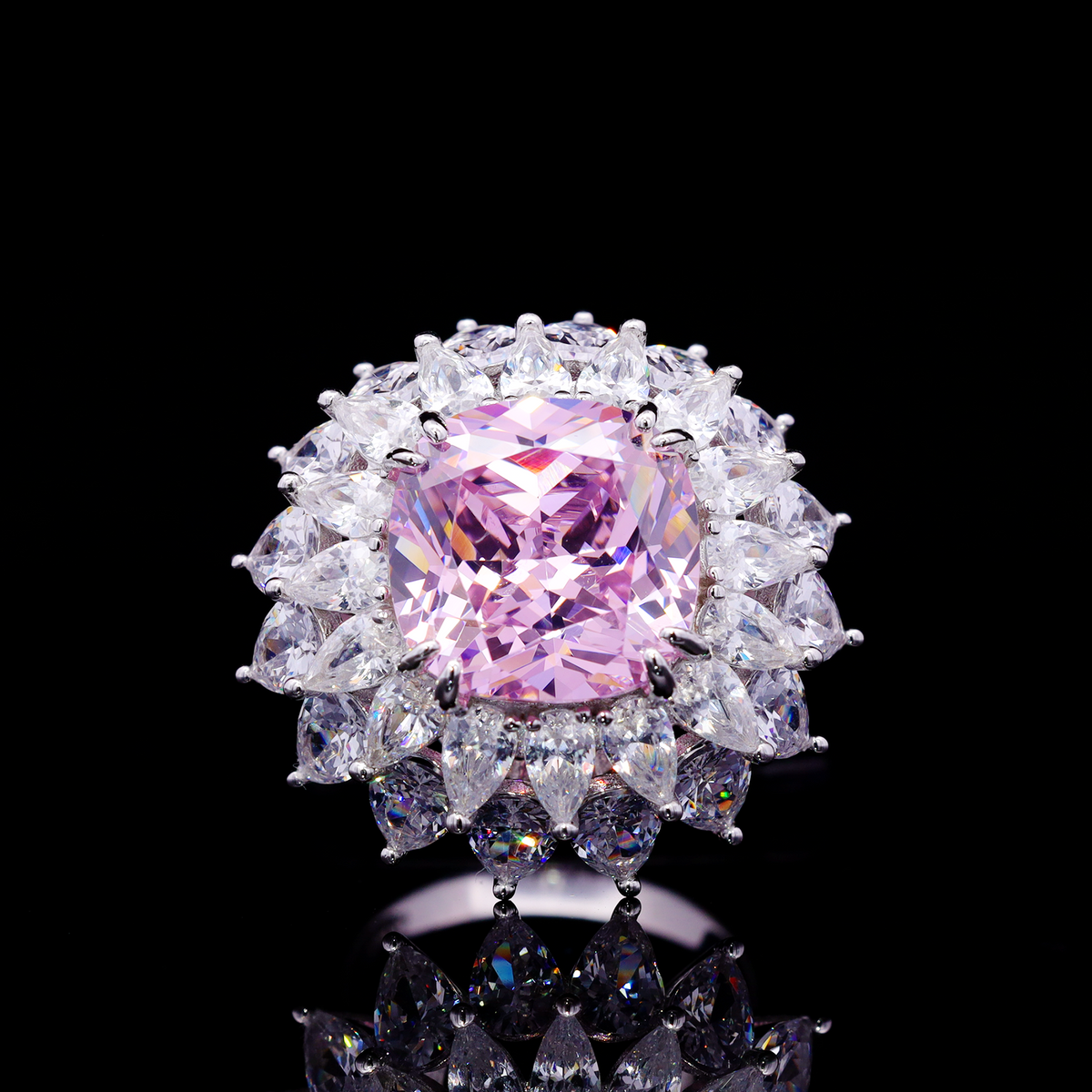 Omnia Thalia Pink Cushion Ring in 925 Silver with High-Quality Simulated Diamonds