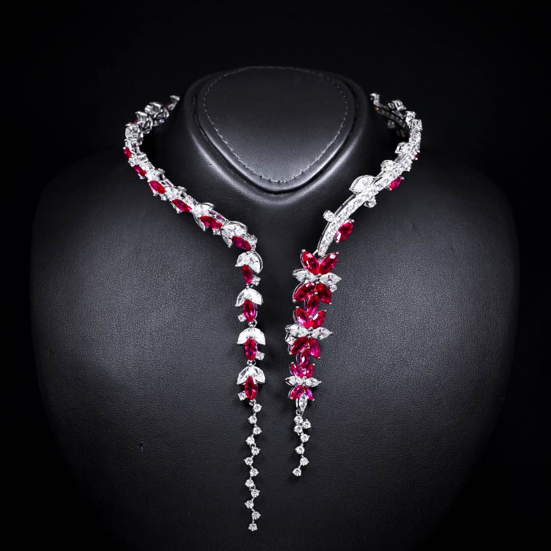 Omnia Abla Maroon Bridal Set in 925 Silver with Marquise and Pear-Cut High-Quality Simulated Diamonds