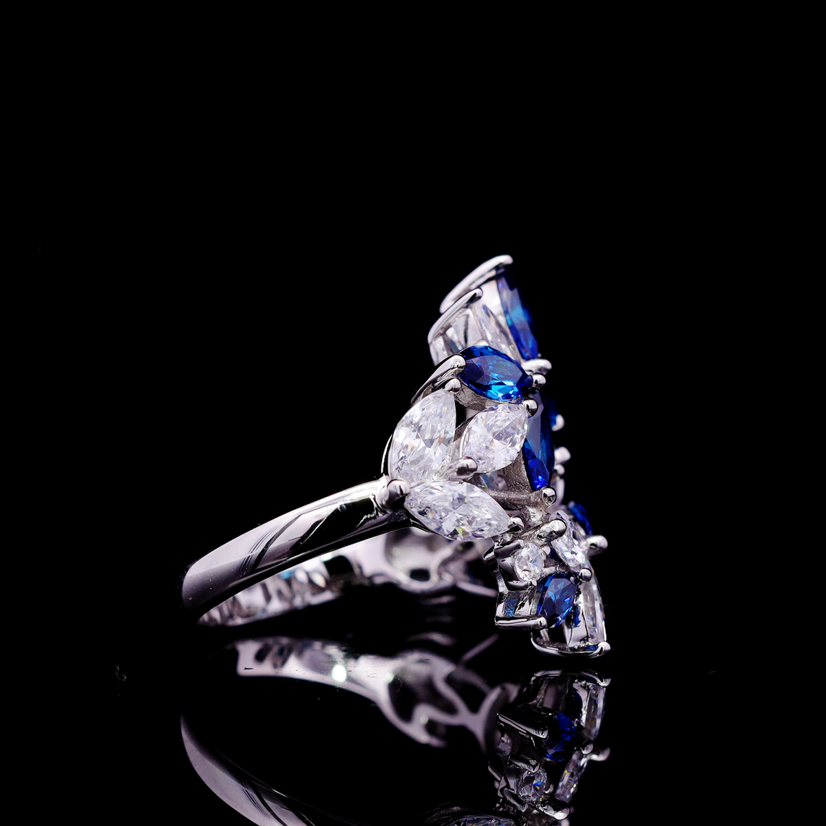 Abla Blue Floral Ring in 925 Silver with Marquise and Pear-Cut High-Quality Simulated Diamonds