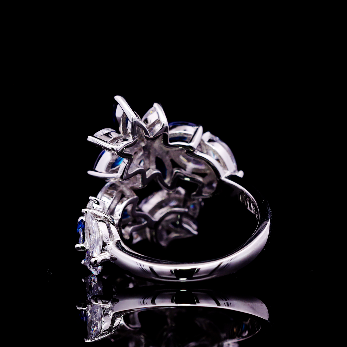 Abla Blue Floral Ring in 925 Silver with Marquise and Pear-Cut High-Quality Simulated Diamonds