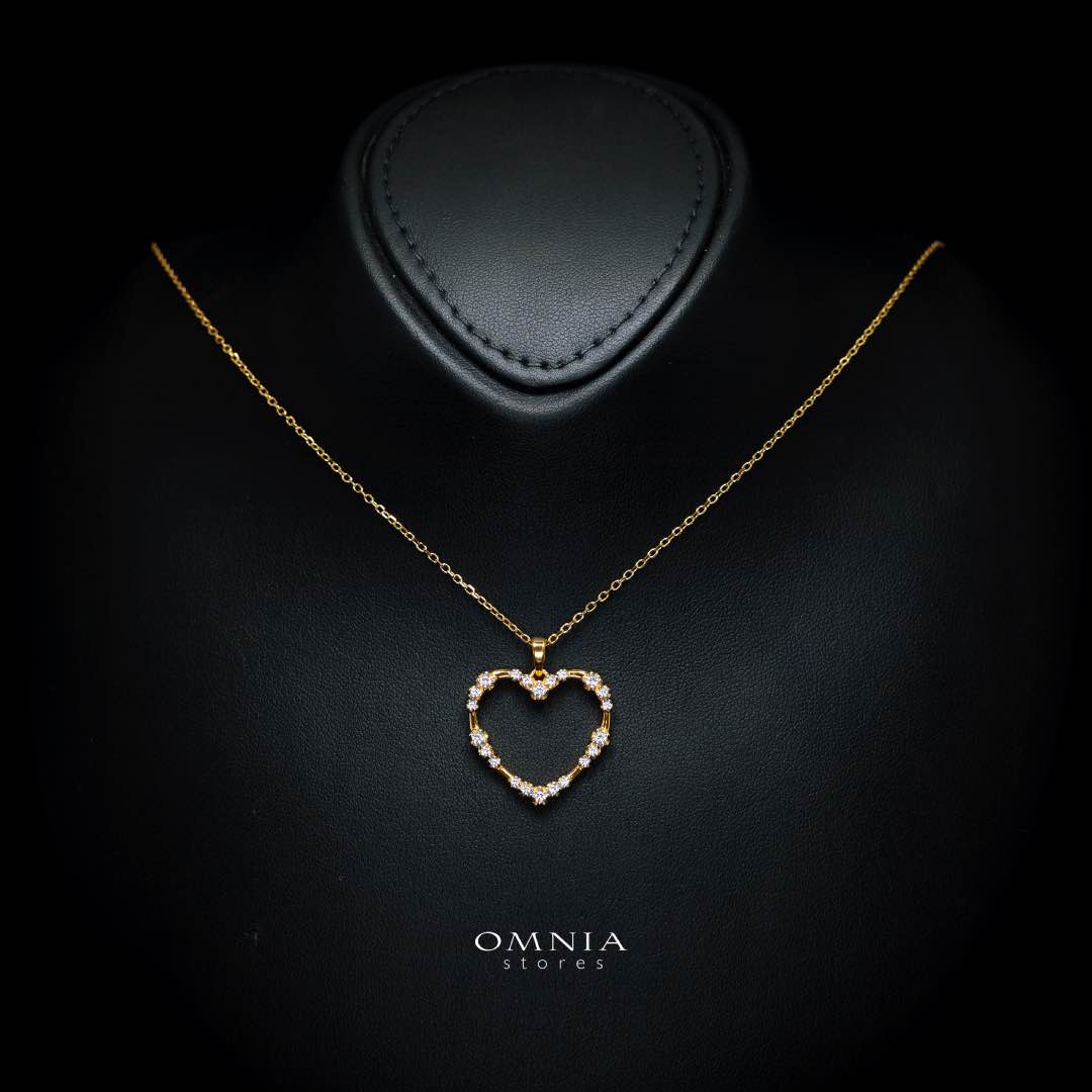 Omnia Bashair Golden Heart Necklace in 925 Silver with High-Quality White Simulated Diamonds - OMNIASTORES KSA