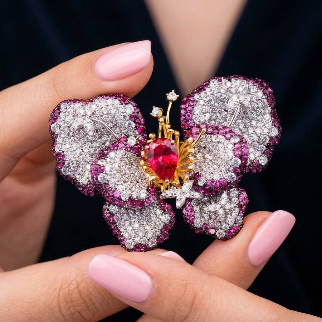 Omnia Thameena Multi Color Butterfly Silver brooch in 925 Silver High Quality Simulated Diamonds Stones - OMNIASTORES KSA