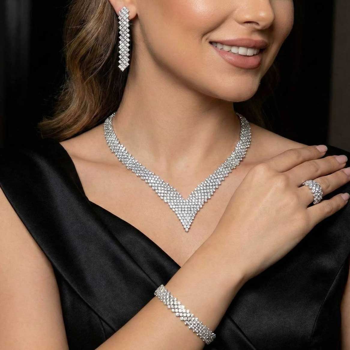 Omnia Thea Bridal Full Set Accessories High Quality Zircon Stone in Rhodium Plated - OMNIASTORES KSA