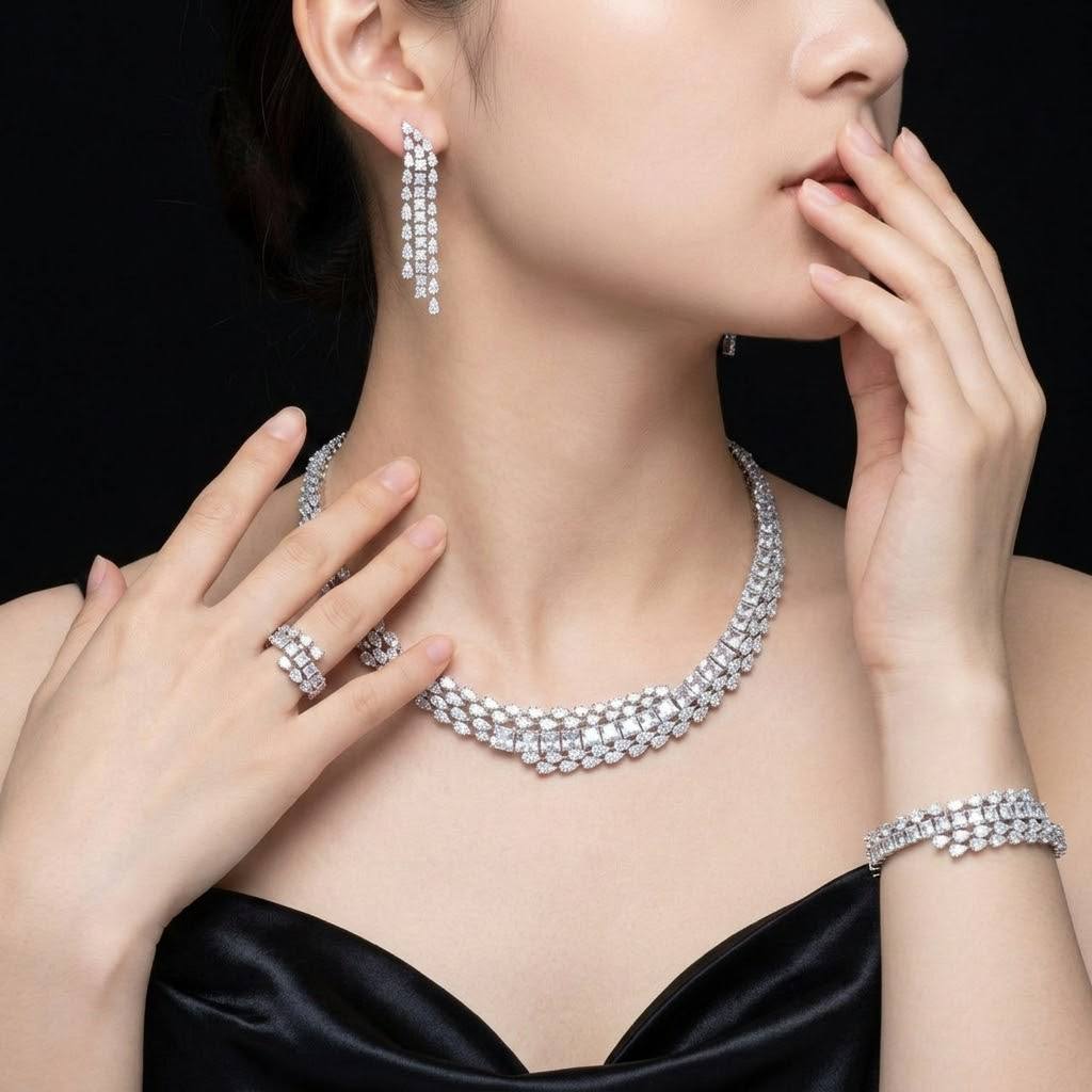 Omnia Trinity White Luxury Bridal Full Set in High Quality Zircon Stone in Rhodium Plated - OMNIASTORES KSA