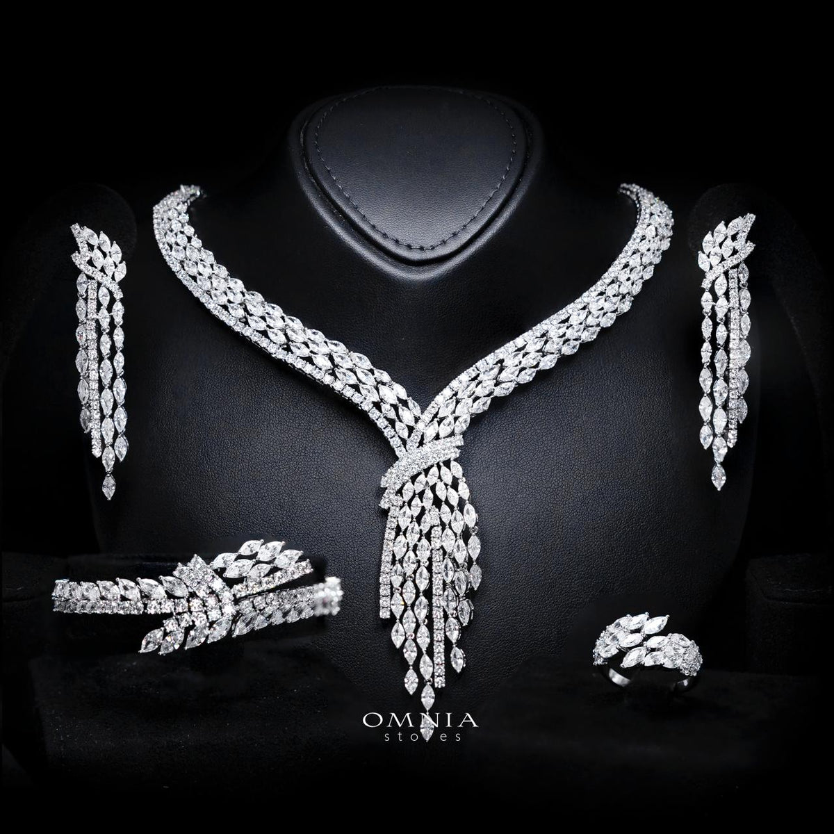 Omnia Fatma White Luxury Bridal Full Set in High Quality Zircon Stone in Premium Rhodium Plating - OMNIASTORES UAE
