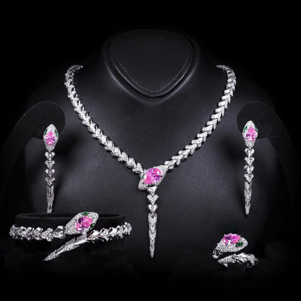 Adriana Pink Luxury Bridal Full Set with High-Quality Zircon Stones Rhodium Plated