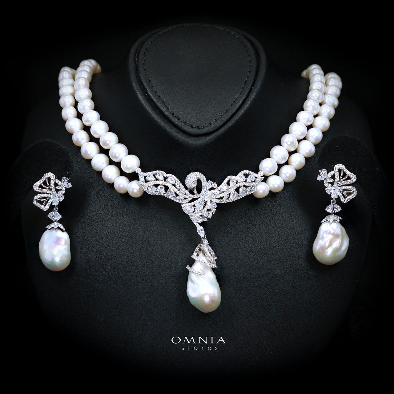 Talinara Pearl Necklace & Earring Set with High-Quality Premium Simulated Diamonds in 925 Sterling Silver