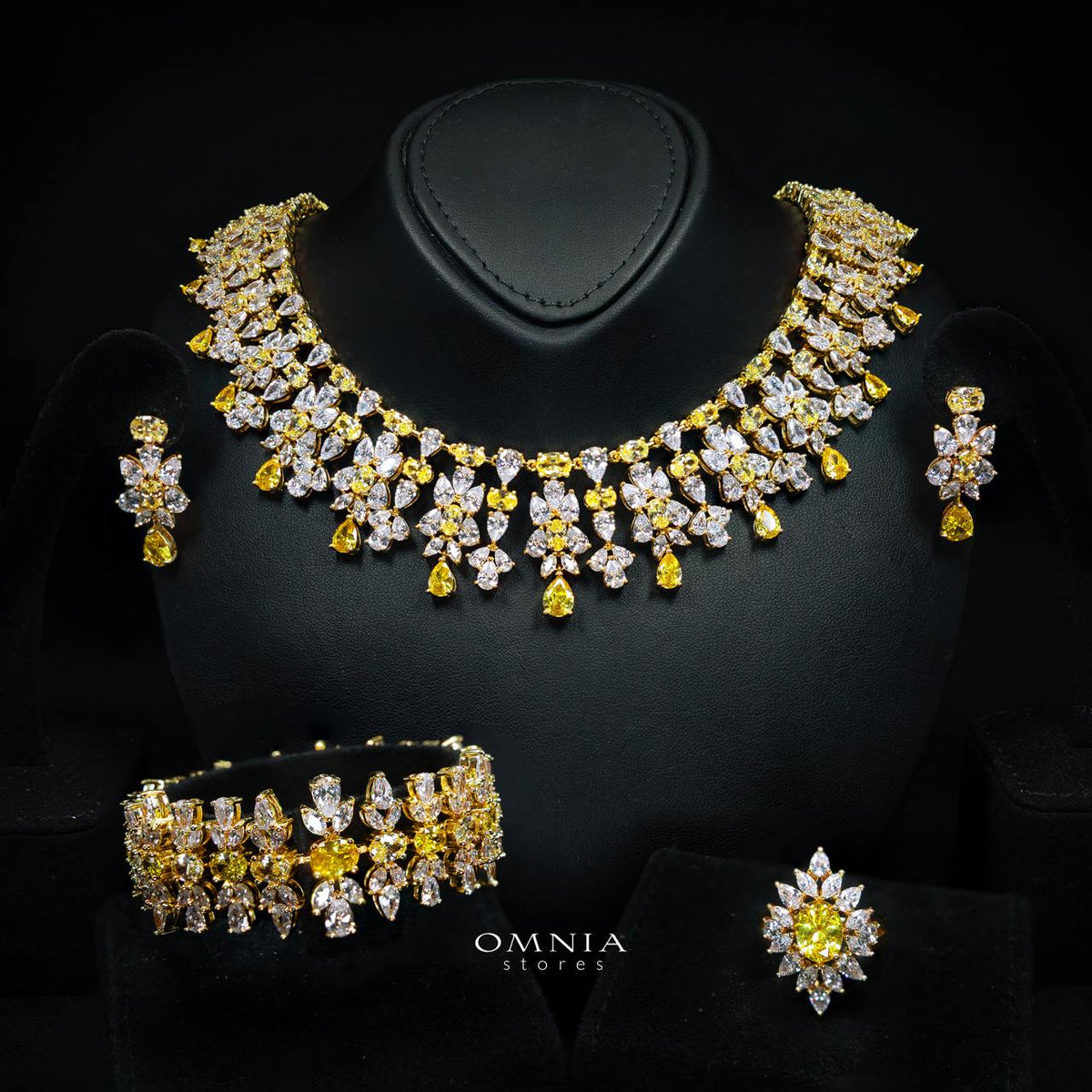 Omnia Dema Gold Luxury Bridal Full Set in High Quality Simulated Diamonds Premium Rhodium Plated