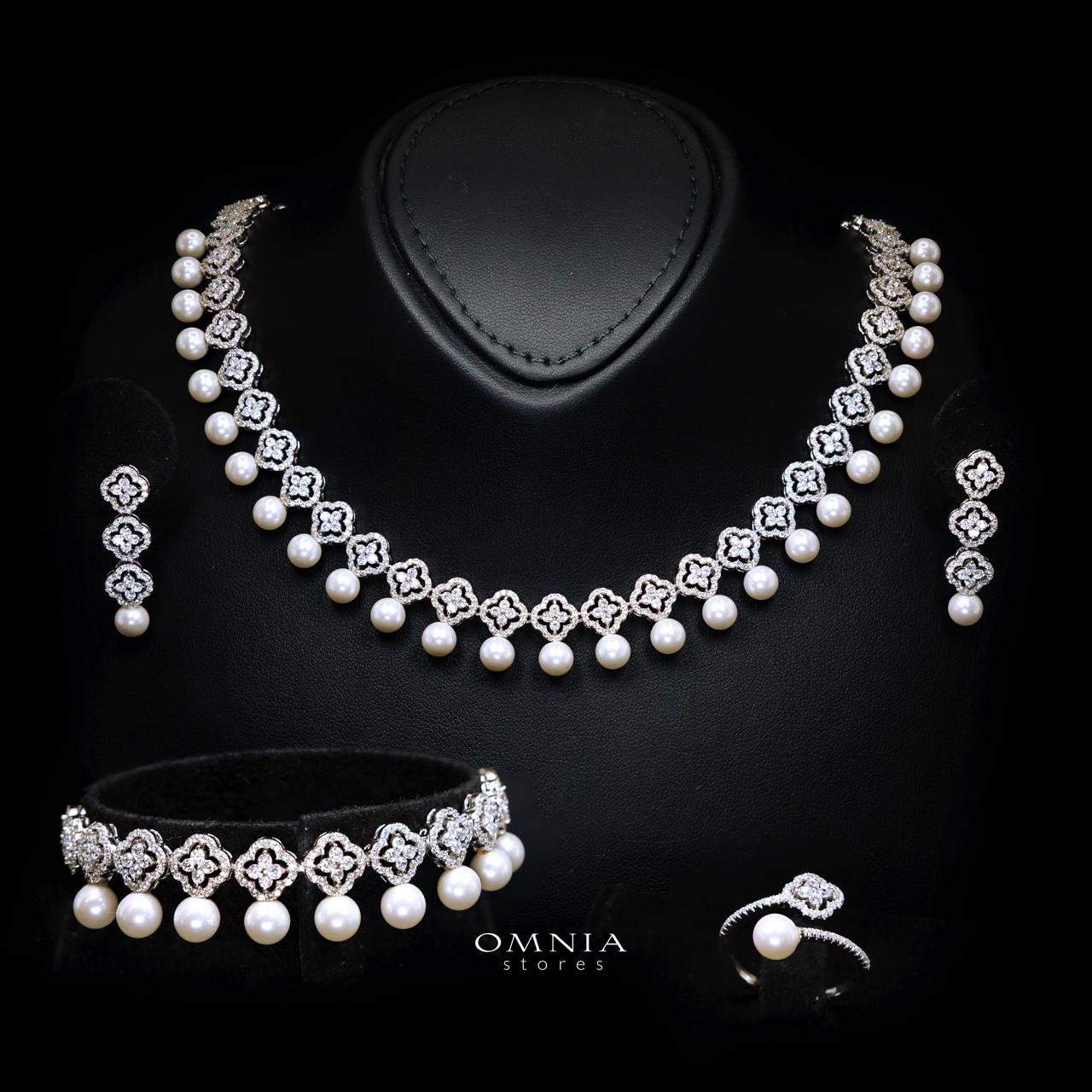 Omnia Sahira Pearl Bridal Full Set in 925 Silver with High-Quality White Zircon Stones - OMNIASTORES KSA