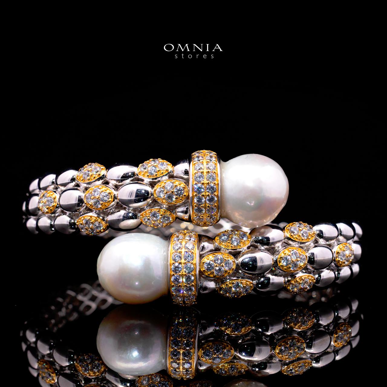 Dulce Royal Two-Tone Pearl Bangle with Premium Simulated Diamonds in 925 Sterling Silver