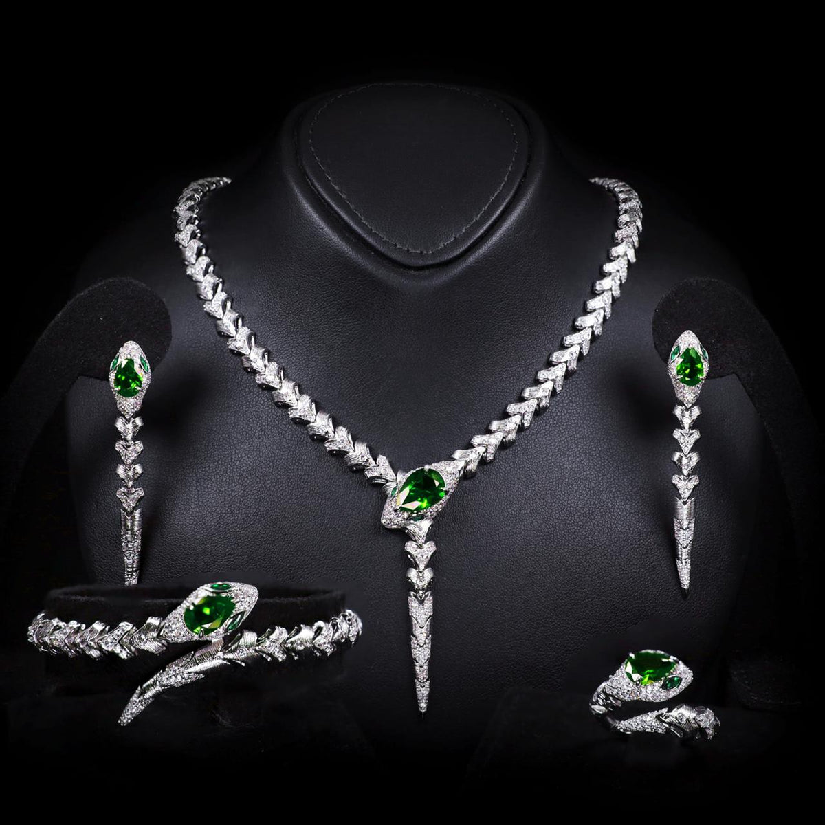 Adriana Green Luxury Bridal Full Set with High-Quality Zircon Stones Rhodium Plated