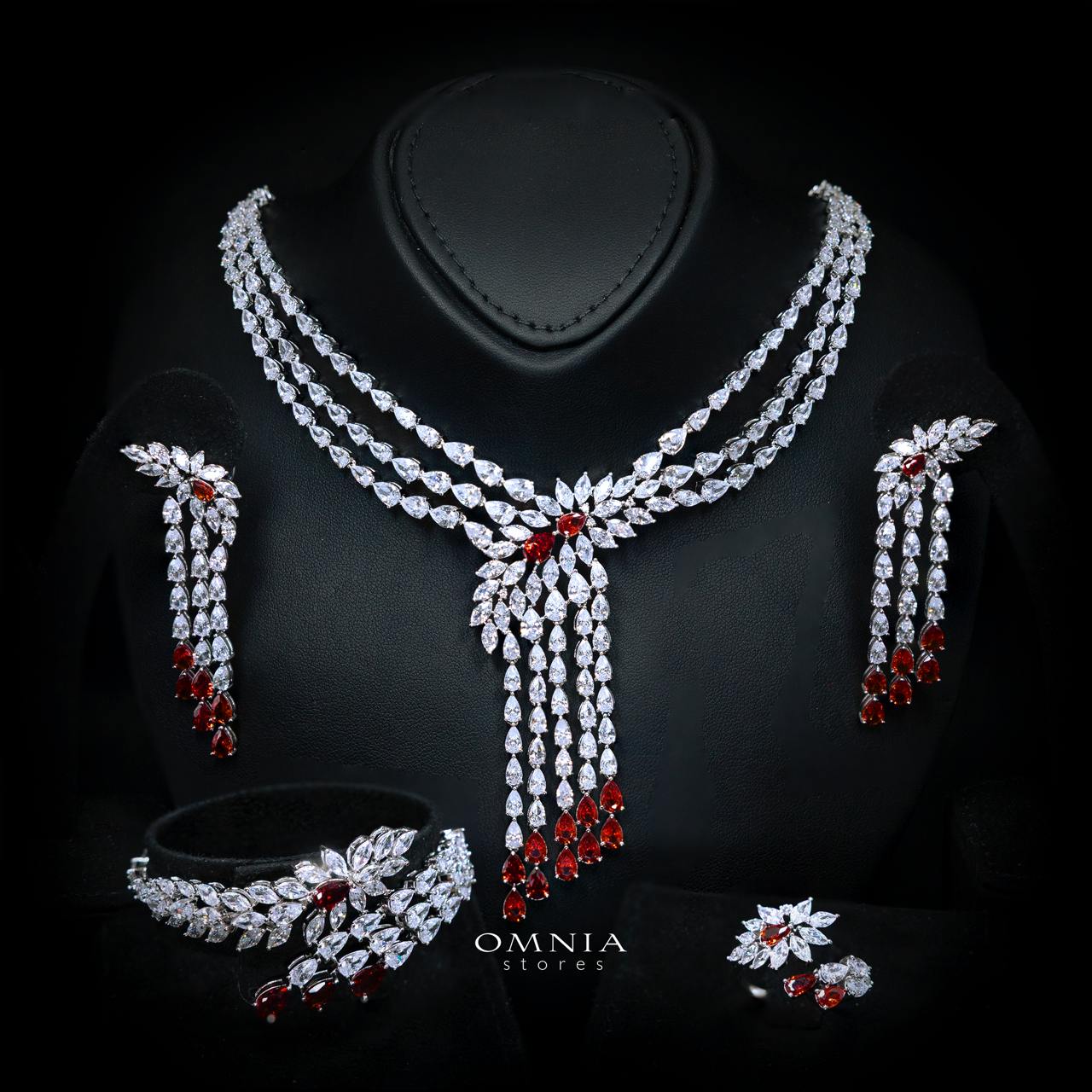 Omnia Rahaf Red Bridal Full Set Accessories in High Quality Zircon Stone Rhodium Plated
