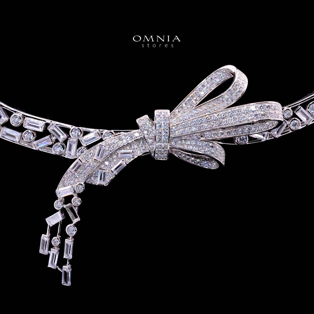 Omnia Celeste Bow Necklace in 925 Silver with High-Quality Simulated Diamonds and Elegant Geometric Detailing - OMNIASTORES KSA