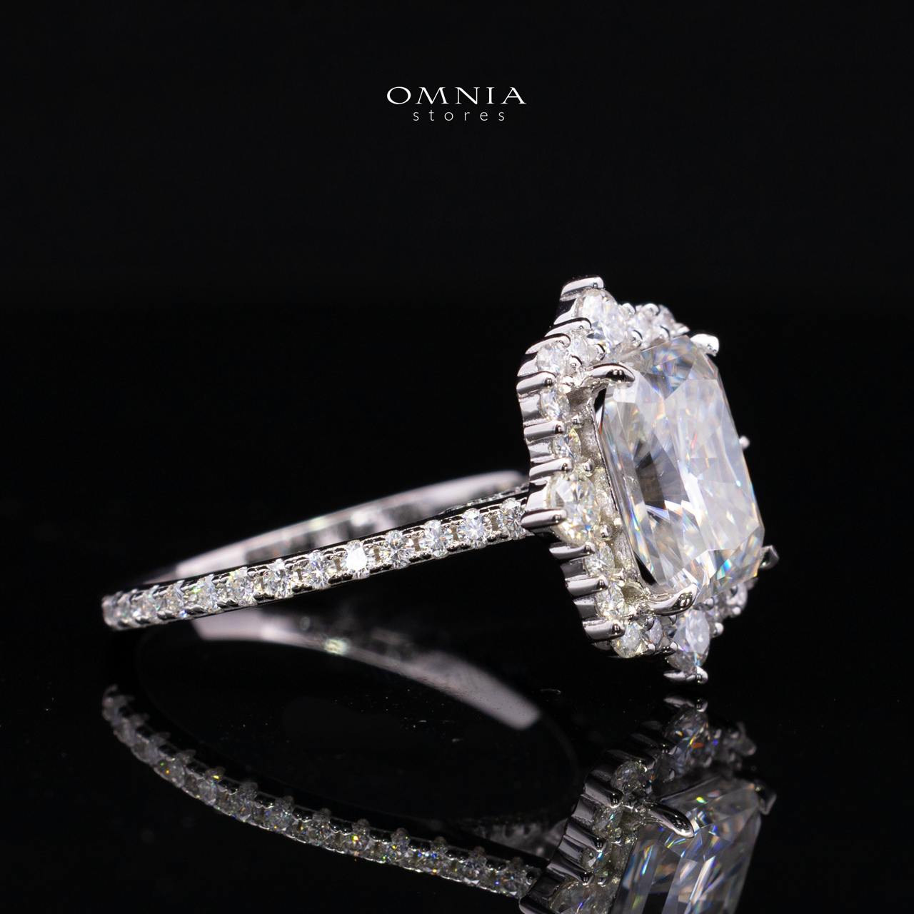 Nuwaira White Moissanite Radiant Halo Ring with Pavé Band – GRA Certified, 8x10mm (4ct), Rhodium-Plated 925 Sterling Silver