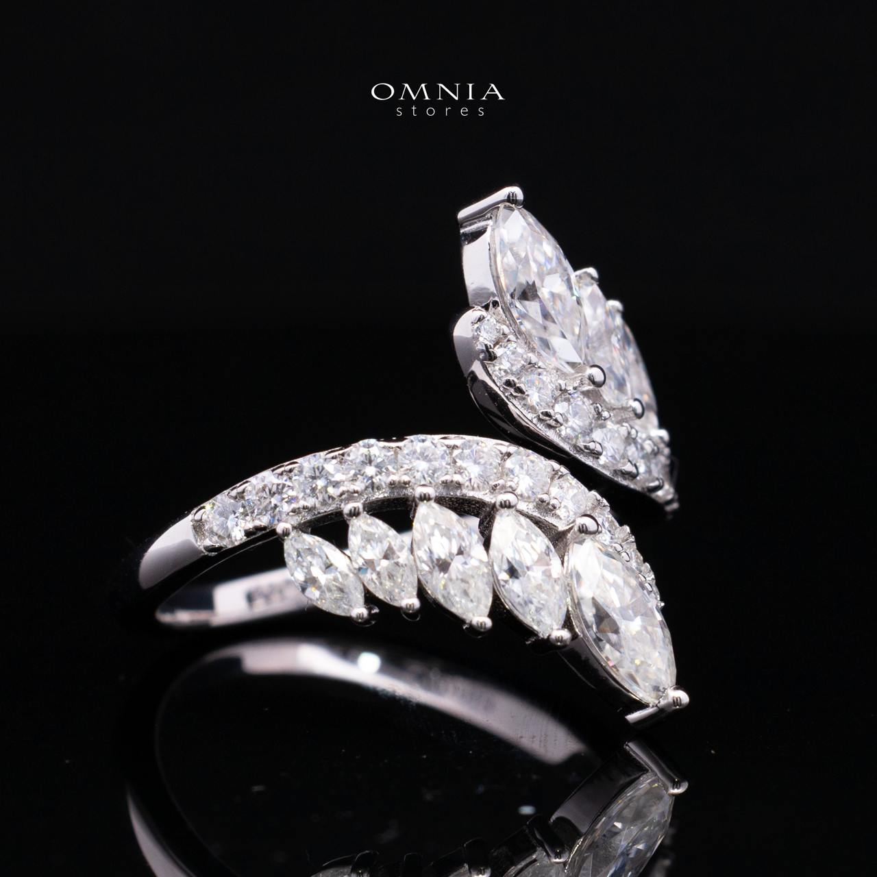 Josephine White Moissanite Marquise Leaf Cluster Double Curve Open Ring – Rhodium-Plated 925 Sterling Silver