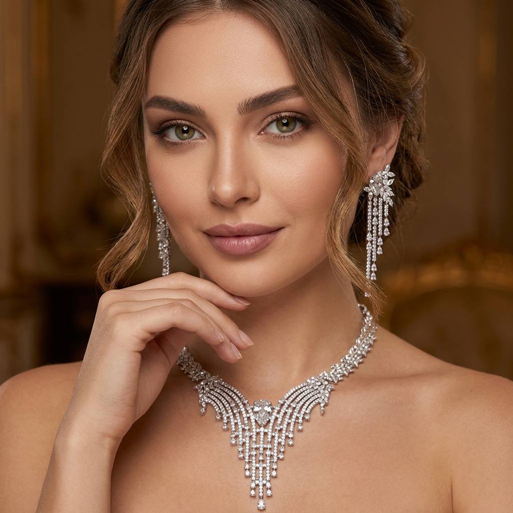 Omnia Abir White Bridal Necklace & Earrings Set in 925 Silver with Pear and Marquise-Cut High-Quality Simulated Diamonds - OMNIASTORES KSA