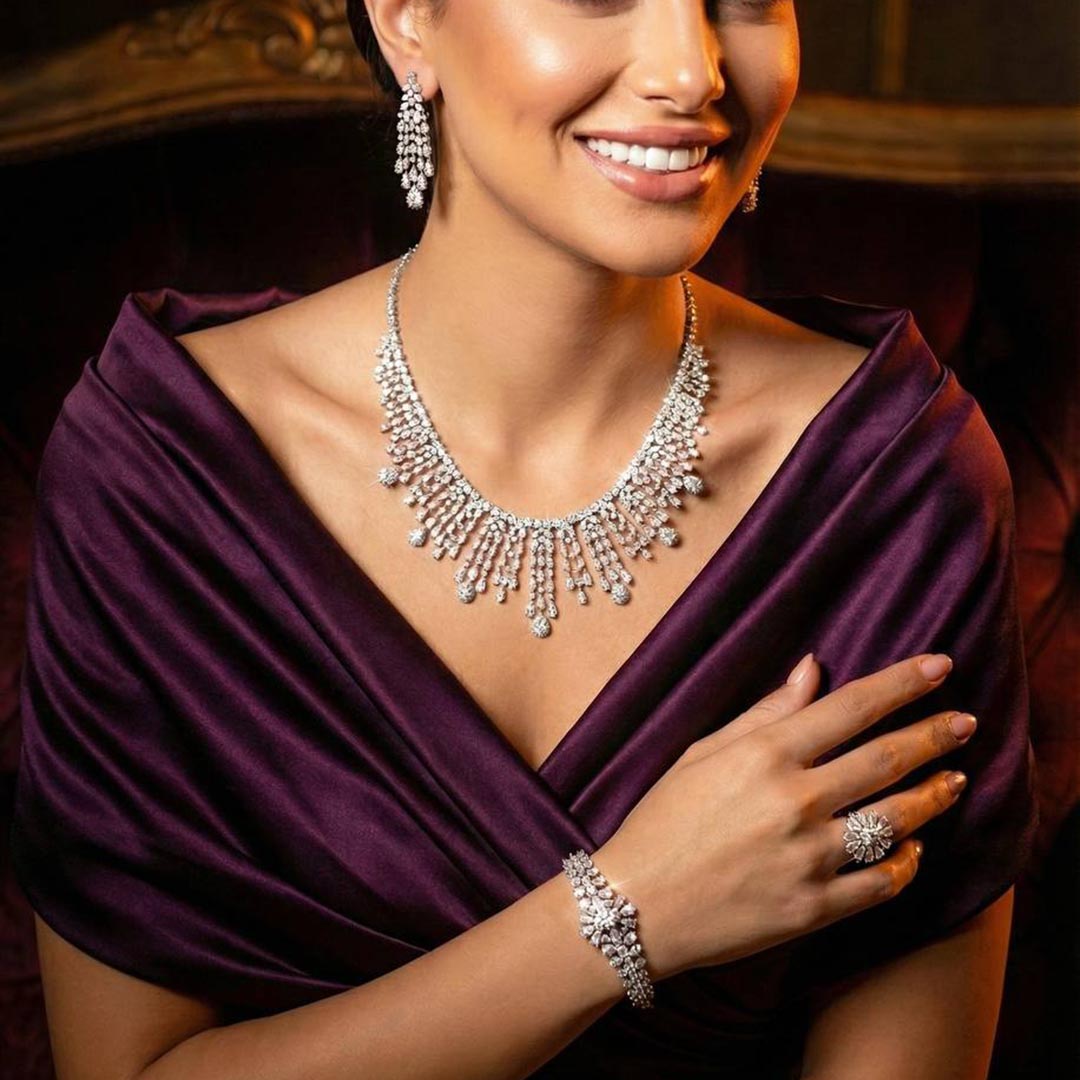 Omnia Adila White Luxury Bridal Full Set in High Quality Zircon Stone in Rhodium Plated - OMNIASTORES KSA