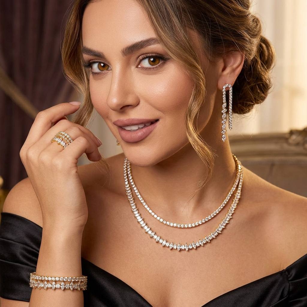 Alica Gold Bridal Full Set in Premium Rhodium-Plated Finish with High-Quality Zircon Stones - OMNIASTORES KSA