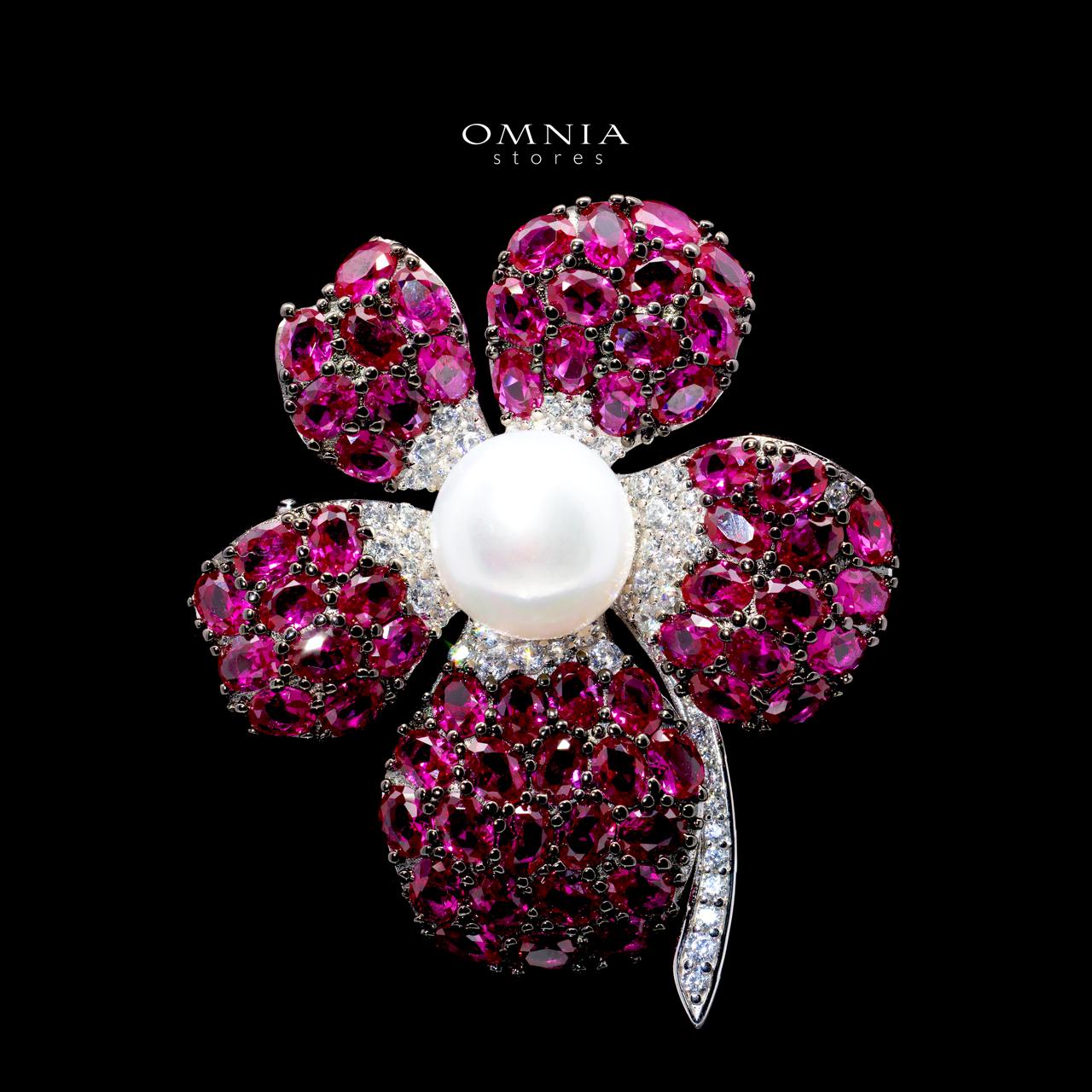 Alicia Flower Pearl Brooch with High-Quality Simulated Diamonds in 925 Sterling Silver