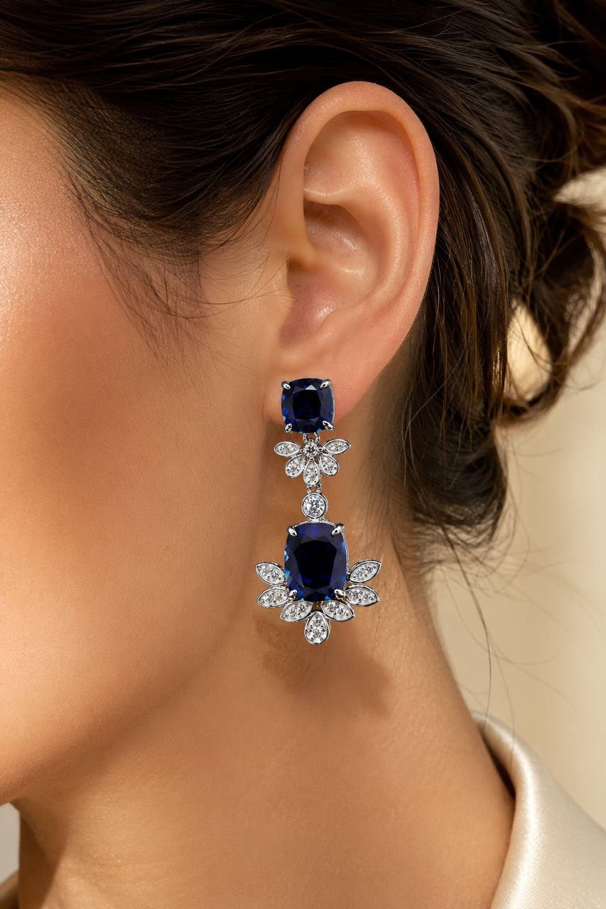 Omnia  Alyah White and Blue Floral Earrings With High Quality Sapphire Lab Grown Stones in 925 Silver