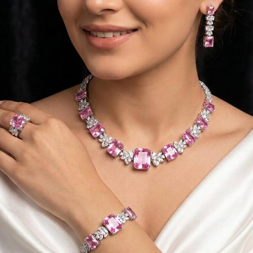 Omnia Amelia Pink Bridal Full Set with High-Quality Simulated Diamonds Rhodium Plated - OMNIASTORES KSA