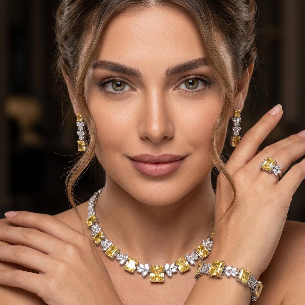 Omnia Amelia Yellow Bridal Full Set with Radiant and Pear-Cut High-Quality Simulated Diamonds in High-Quality Rhodium Plating - OMNIASTORES KSA