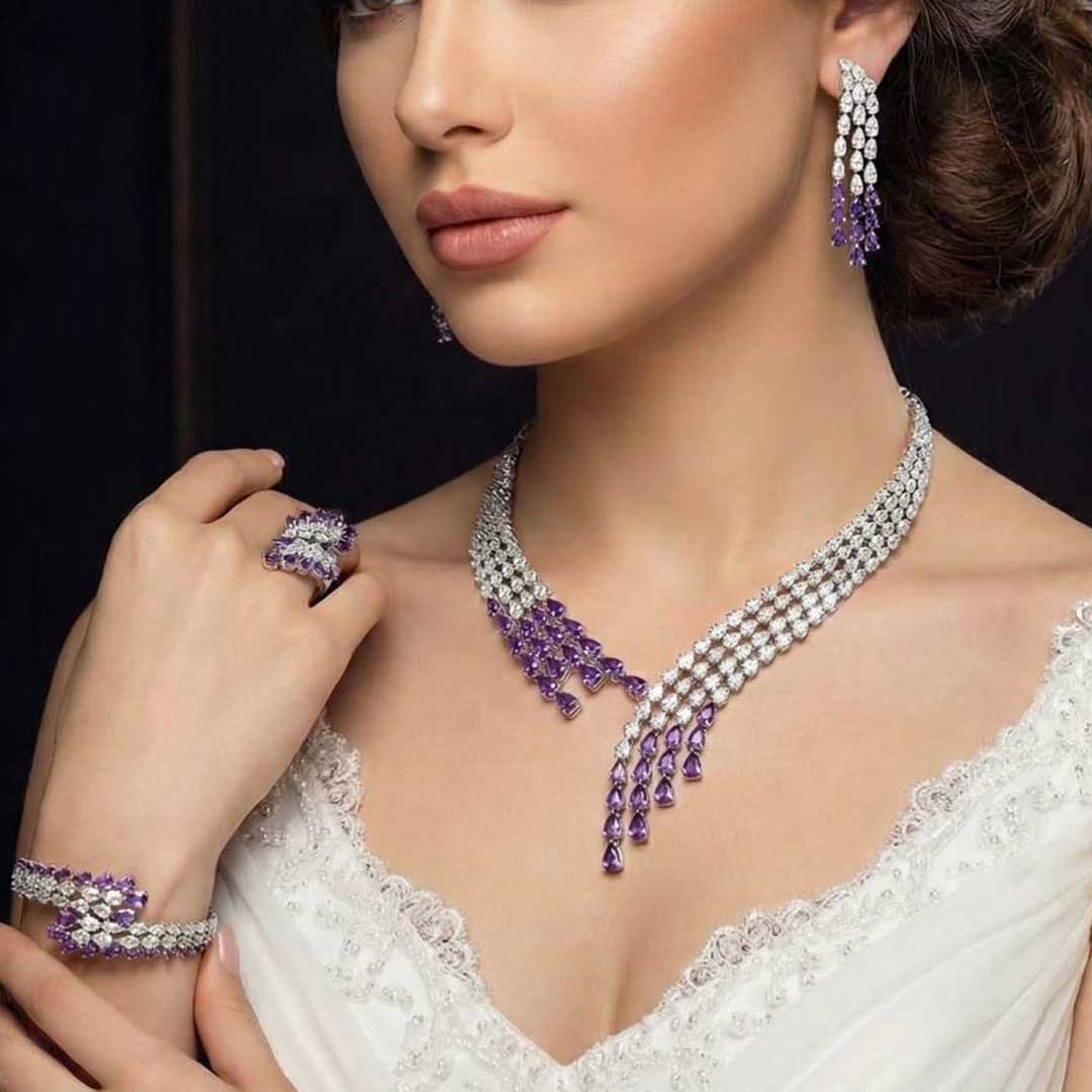 Omnia Amrah Luxury Bridal White and Purple Full Set in High Quality Zircon Stone Rhodium Plated - OMNIASTORES KSA