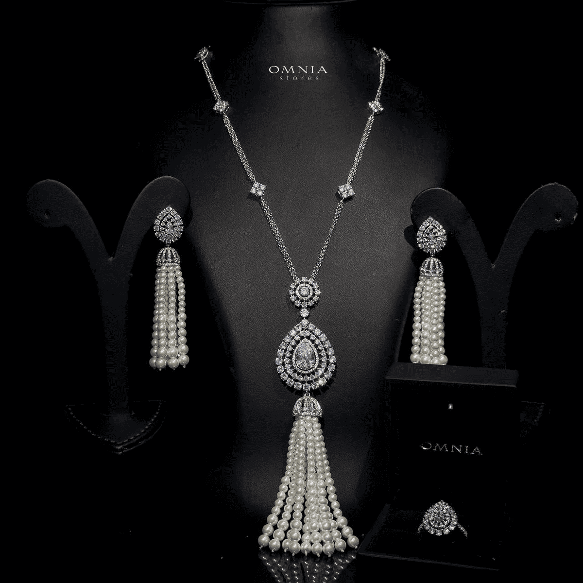 Omnia Asma Long chain Set Accessories High Quality Zircon Stone In Rhodium Plated - OMNIASTORES UAE