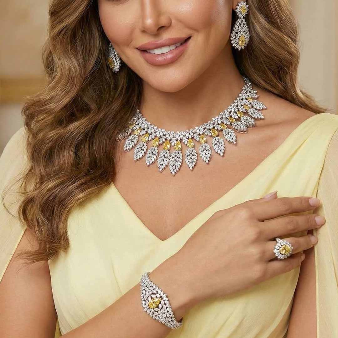 Omnia Asrar Yellow Bridal Full Set in High Quality Zircon Stone Rhodium Plated - OMNIASTORES KSA