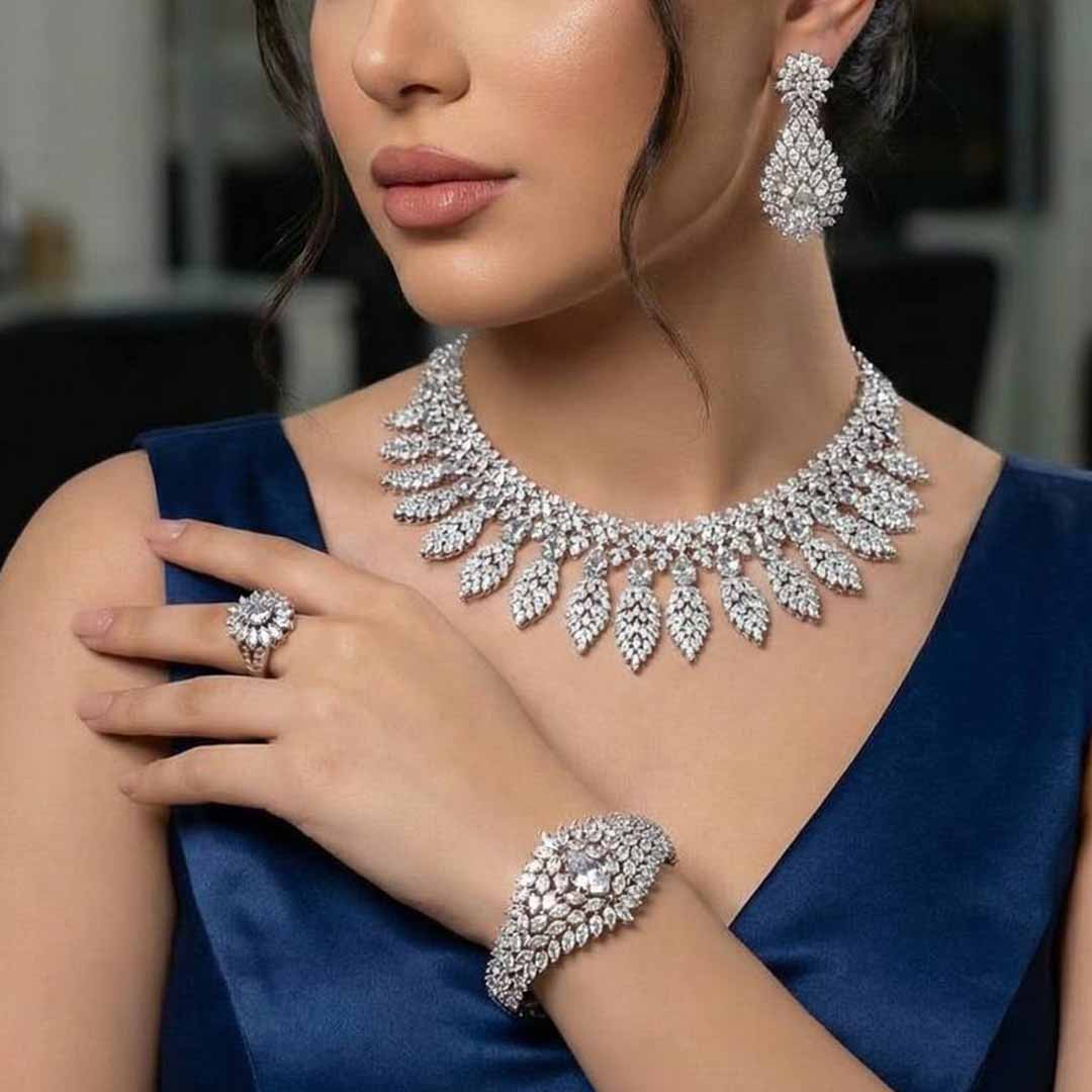Omnia Asrar White Bridal Full Set in High Quality Zircon Stone Rhodium Plated - OMNIASTORES KSA