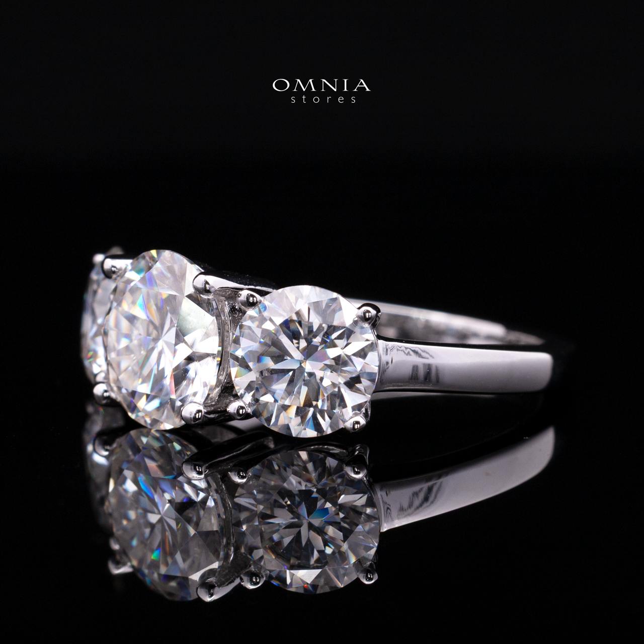Savannah White Moissanite Three-Stone Ring – RD 8mm (2ct) Center with RD 6.5mm (1ct) Side Stones, Rhodium-Plated 925 Sterling Silver