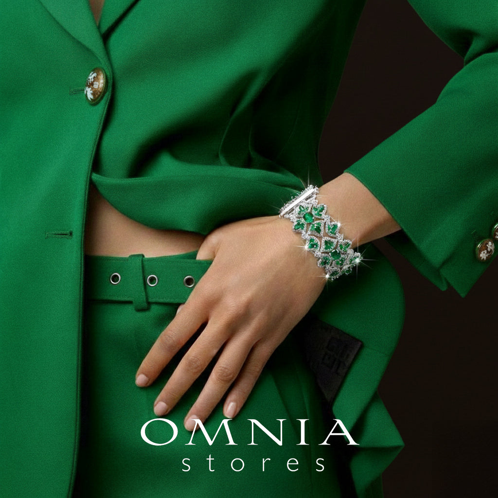 Omnia Hiba Green and White Silver Bracelet in 925 Silver High Quality Simulated Diamond Stones