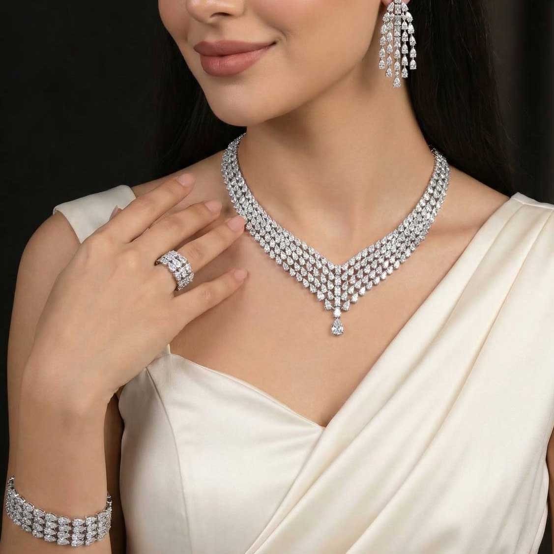 Omnia Carina White Luxury Bridal Full Set in High Quality Rhodium Plated Zircon Stones - OMNIASTORES KSA