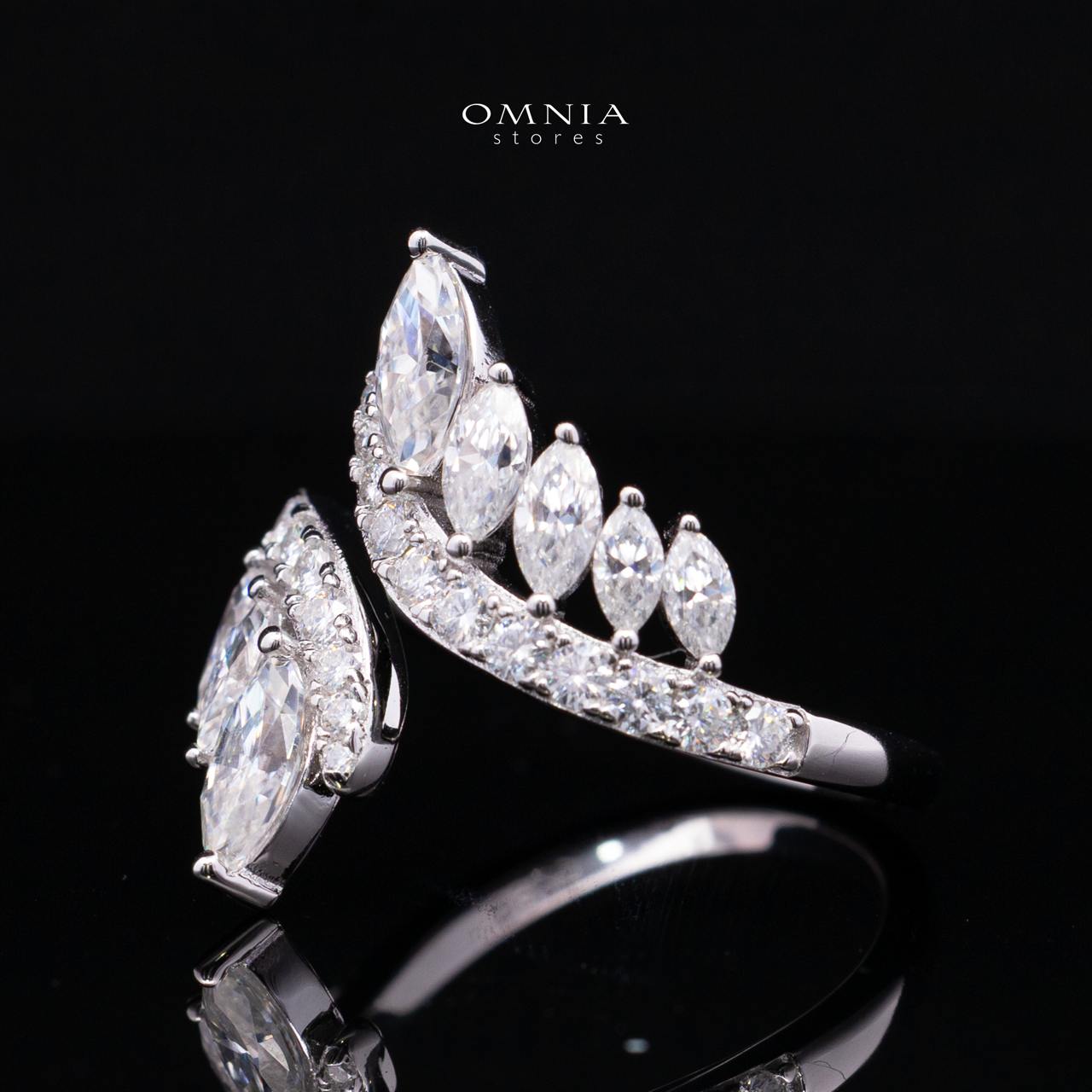 Josephine White Moissanite Marquise Leaf Cluster Double Curve Open Ring – Rhodium-Plated 925 Sterling Silver