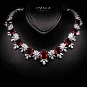 Omnia Charlotte Red Luxry Bridal Full Set with Emerald and Pear-Cut High-Quality Simulated Diamonds Rhodium Plated - OMNIASTORES KSA