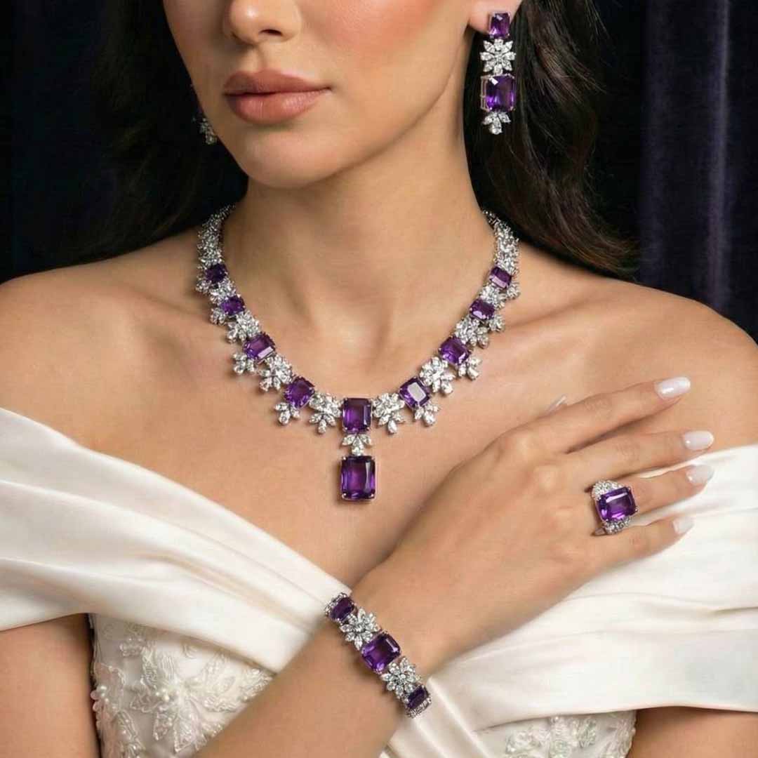 Omnia Charlene Purple Bridal Full Set with Radiant and Pear-Cut High-Quality Simulated Diamonds Rhodium Plated - OMNIASTORES KSA