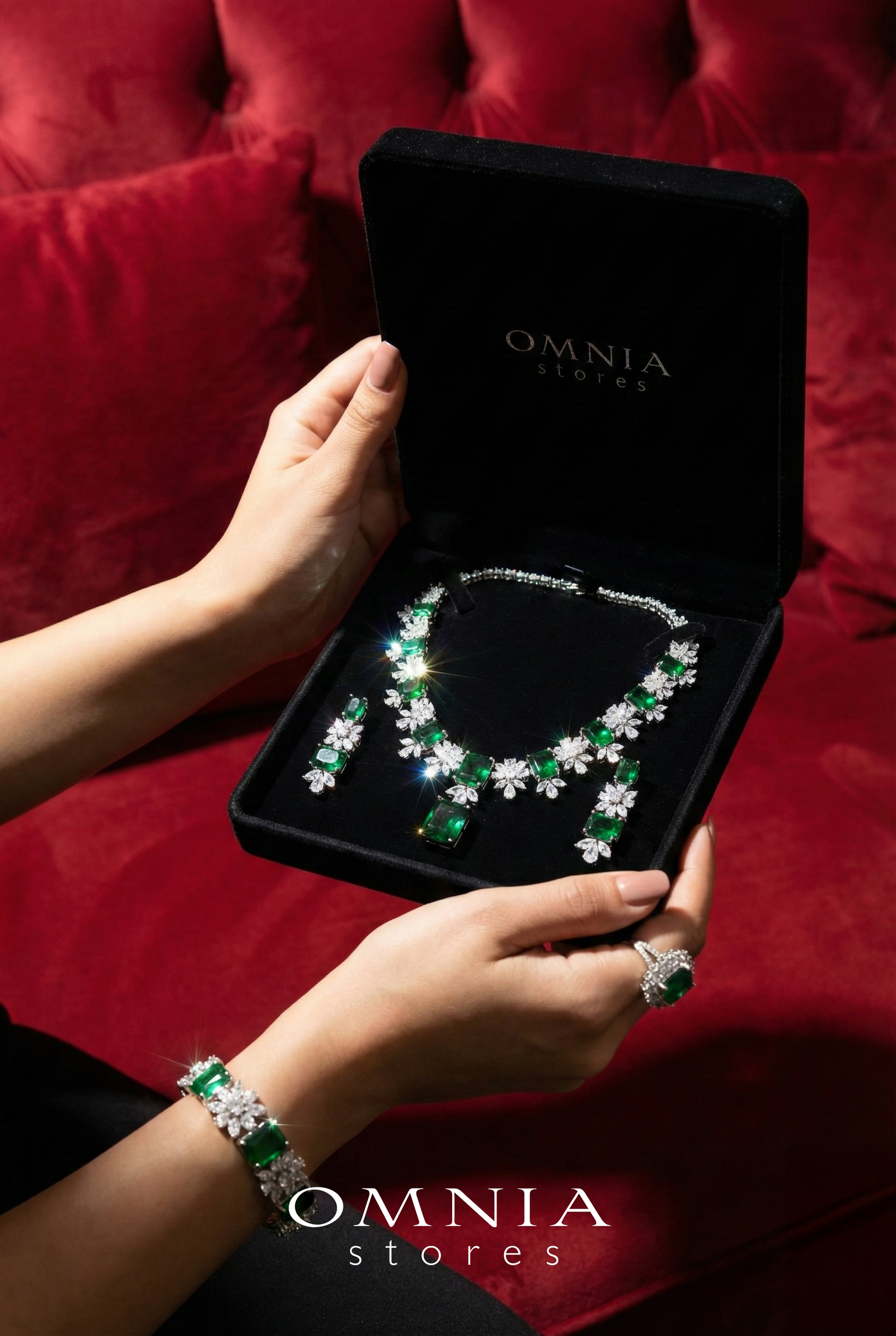 Omnia Charlene Green Bridal Full Set in High Quality Simulated Diamonds with Emerald and Marquise Cut Stones, Rhodium Plated - OMNIASTORES KSA